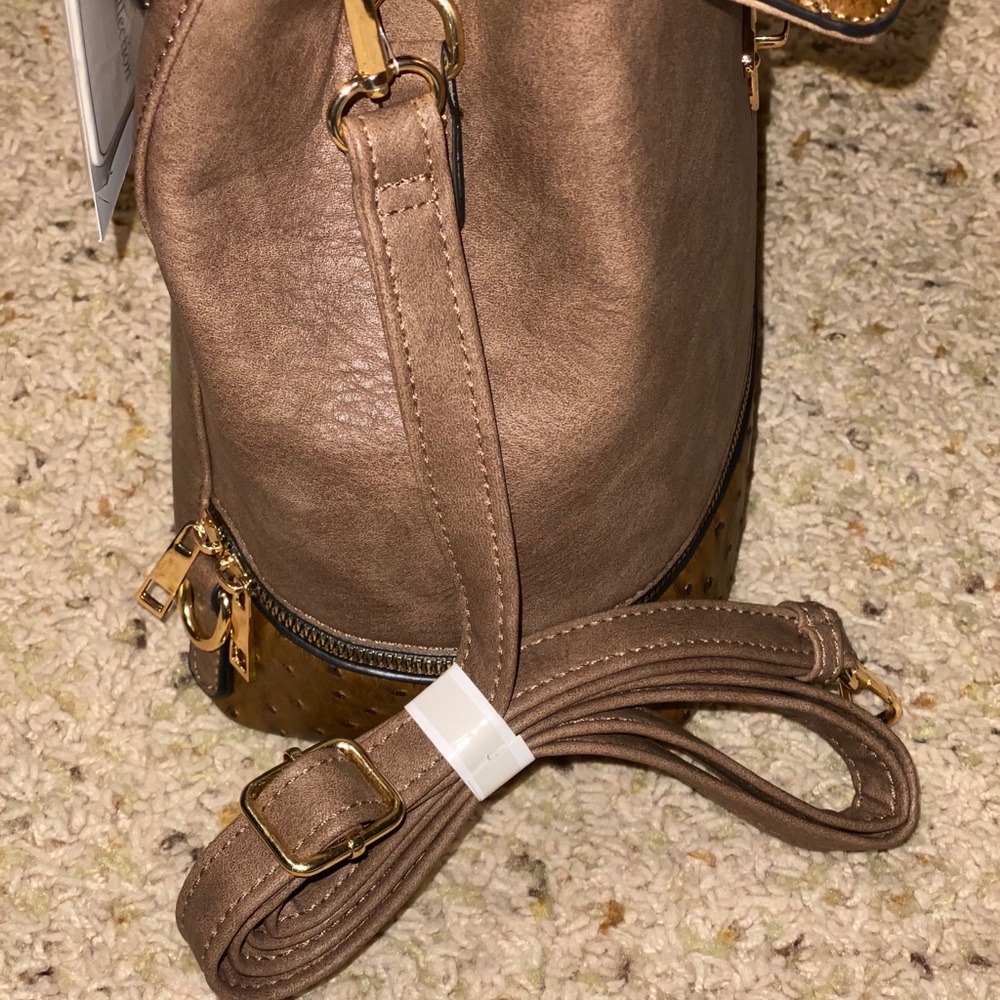 KHAKI OSTRICH VEGAN BACKPACK PURSE - Picture 8 of 10
